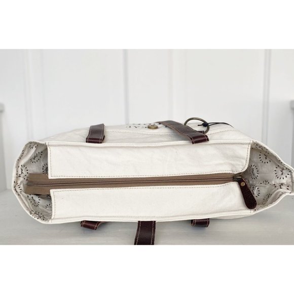 Myra Upcycled Canvas and Leather Vintage Style Tote Bag - Picture 10 of 11